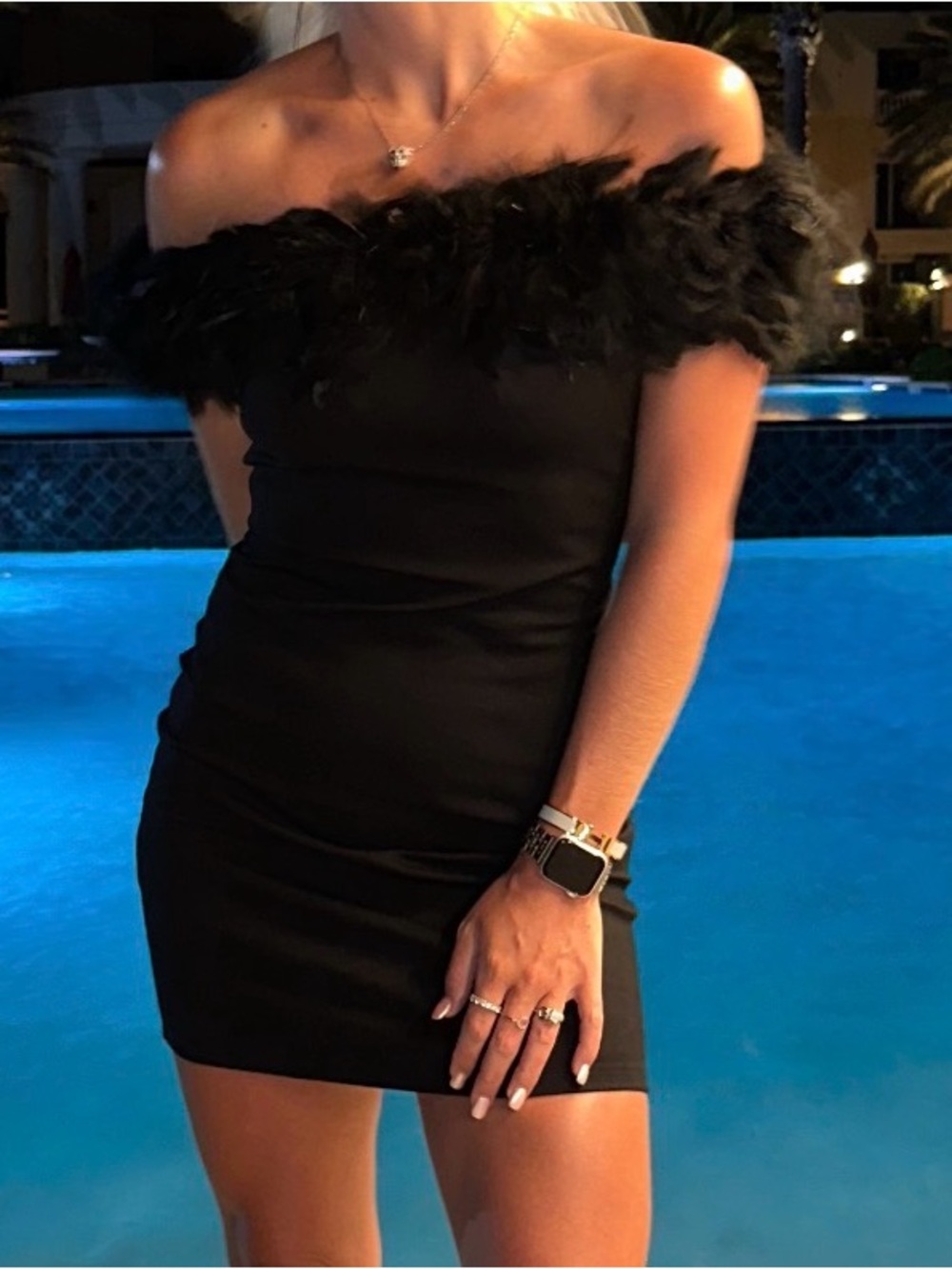 MANGO Black Feathered Off the Shoulder Mini Dress